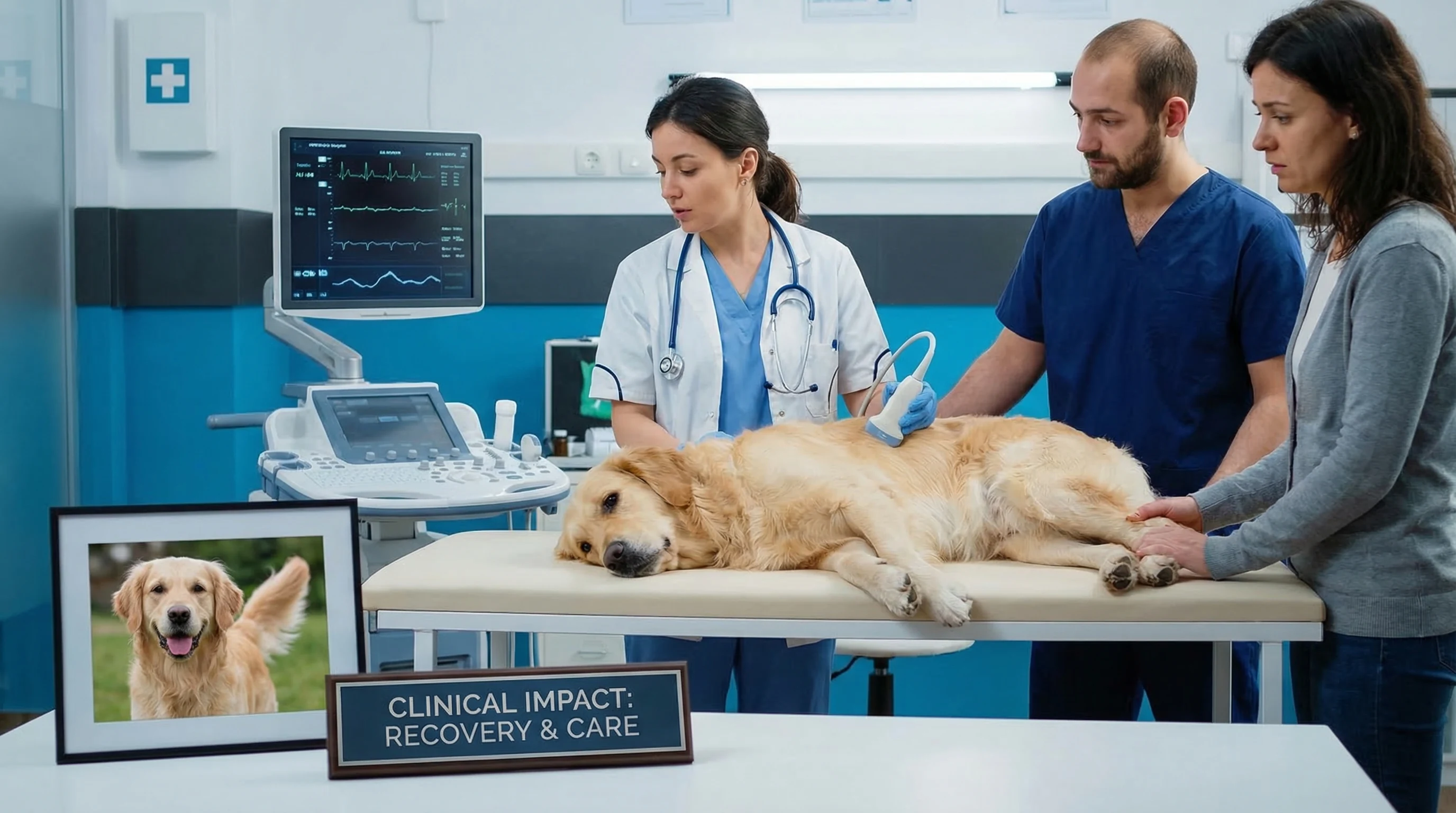 Veterinarian in scrubs examining a dog in a bright independent veterinary clinic beside a diagnostic analyzer