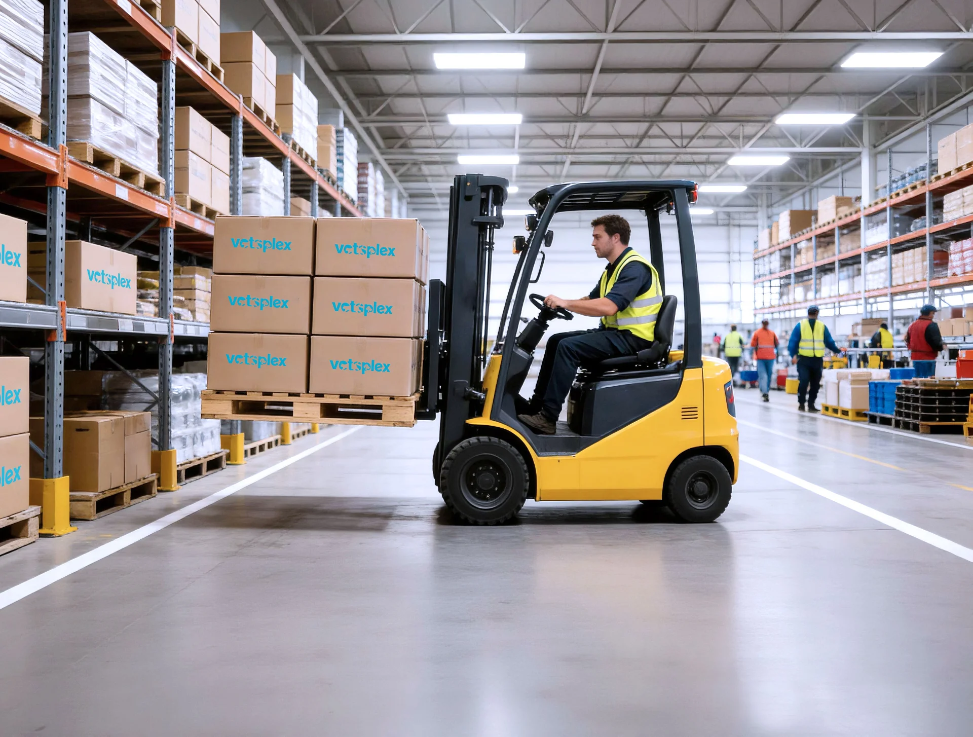 Warehouse worker checking inventory on a phone beside shelves stocked with boxed veterinary medical analyzers in a clean distribution center