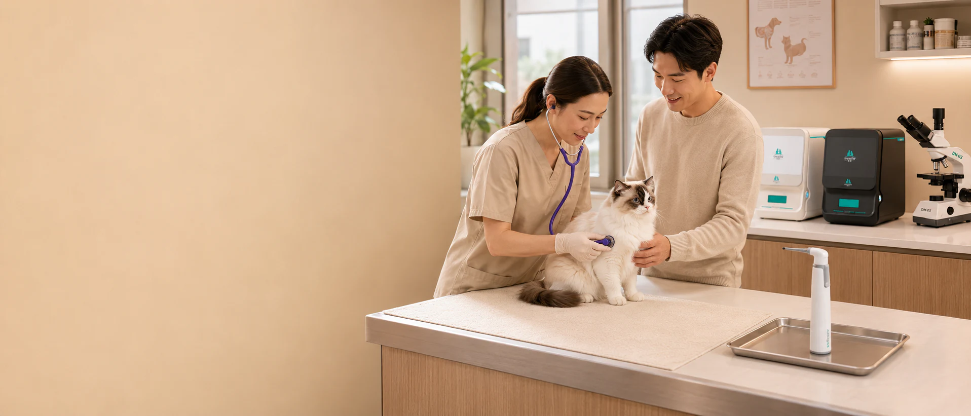 Veterinarian examining a cat with Vetsplex equipment in a clinical setting