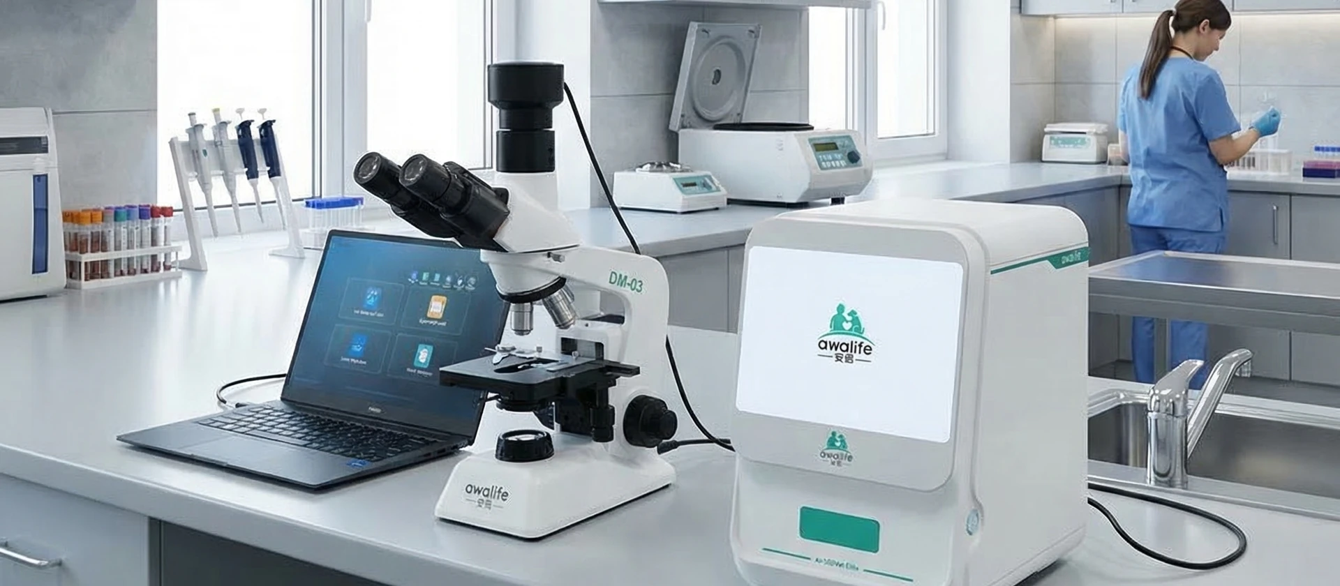 Vetsplex veterinary analyzer and DM-03 digital microscope in a working diagnostic laboratory
