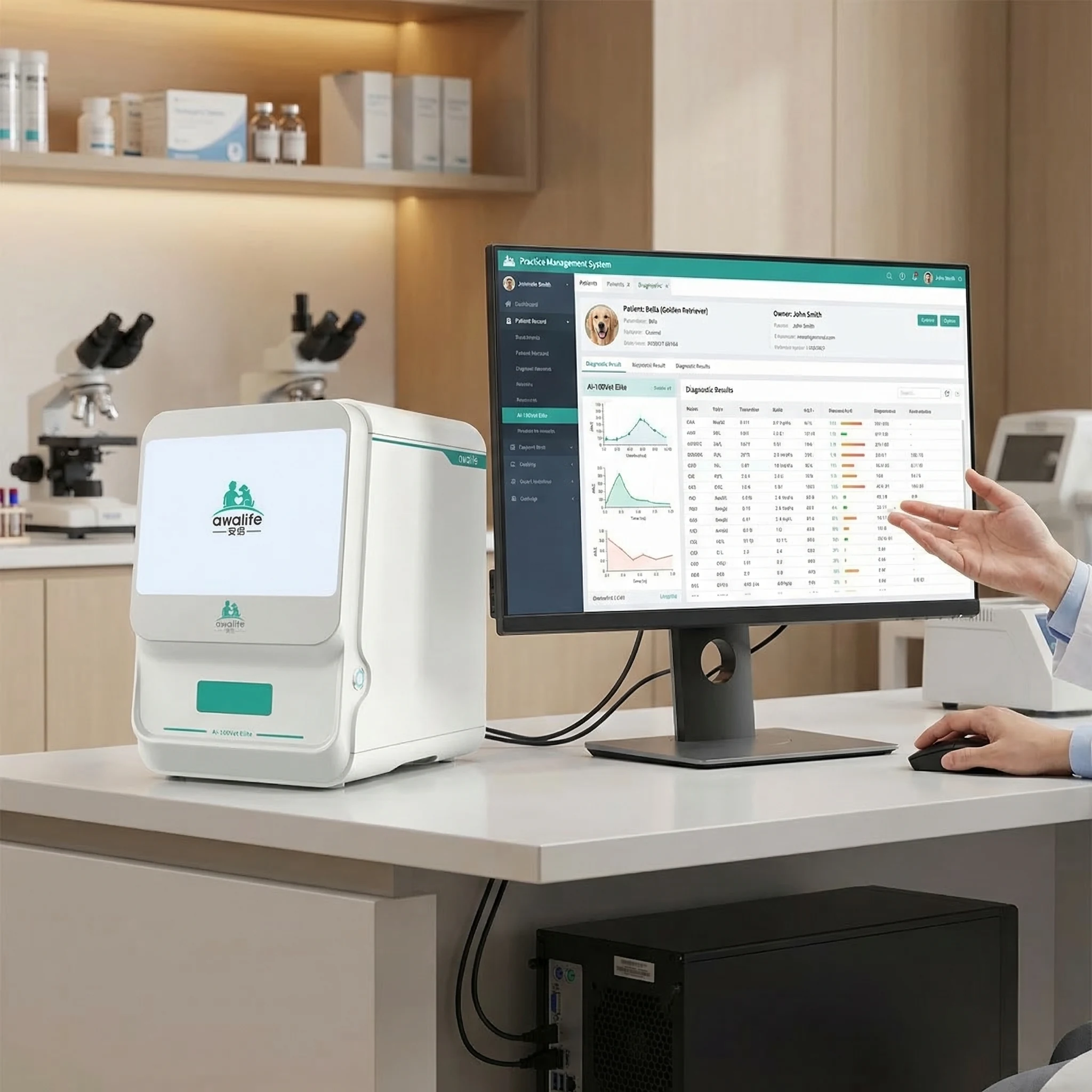 Modern veterinary clinic exam room scene - veterinarian using Vetsplex AI analyzer and digital microscope at work, wide establishing shot