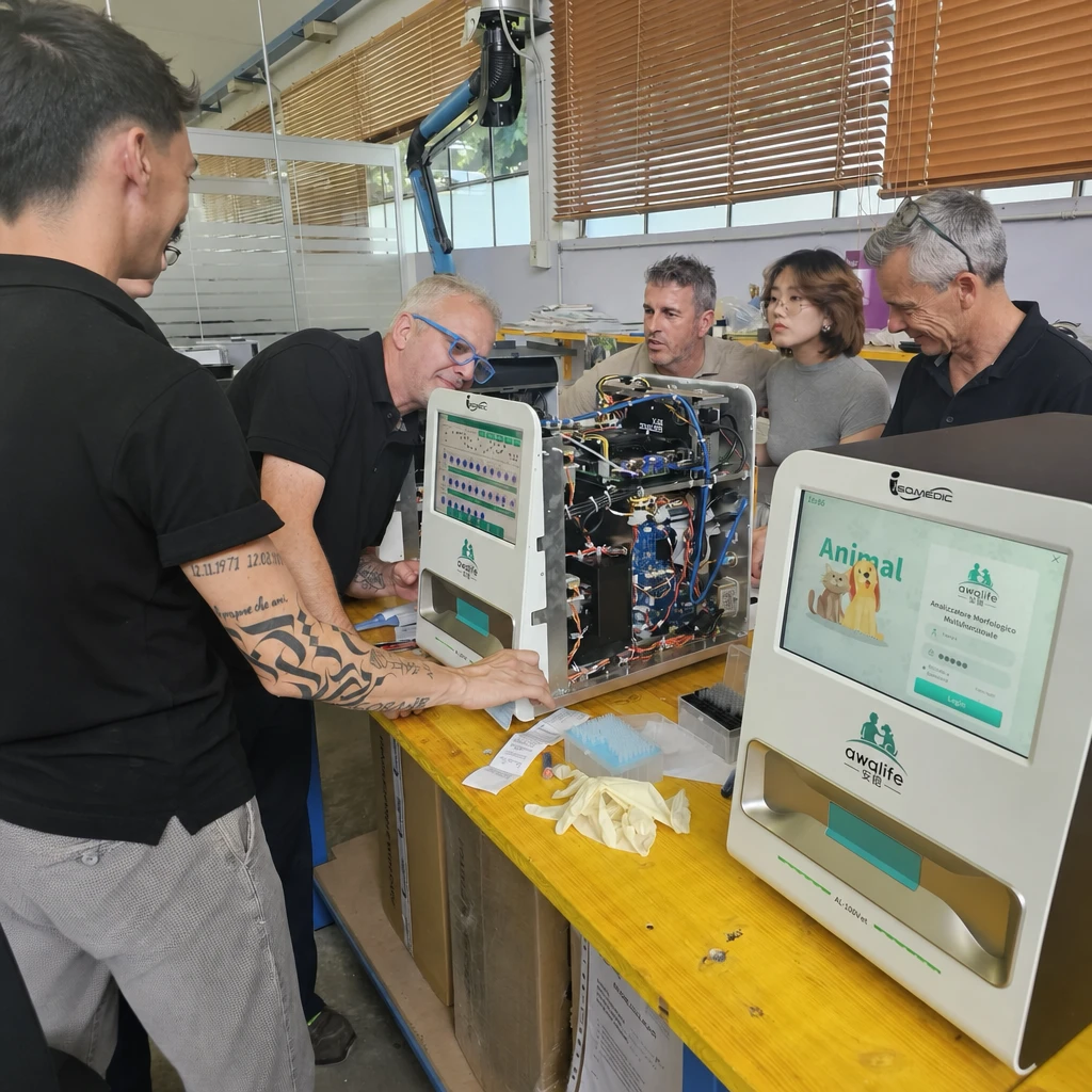 International technical team inspecting the internal engineering of a veterinary analyzer