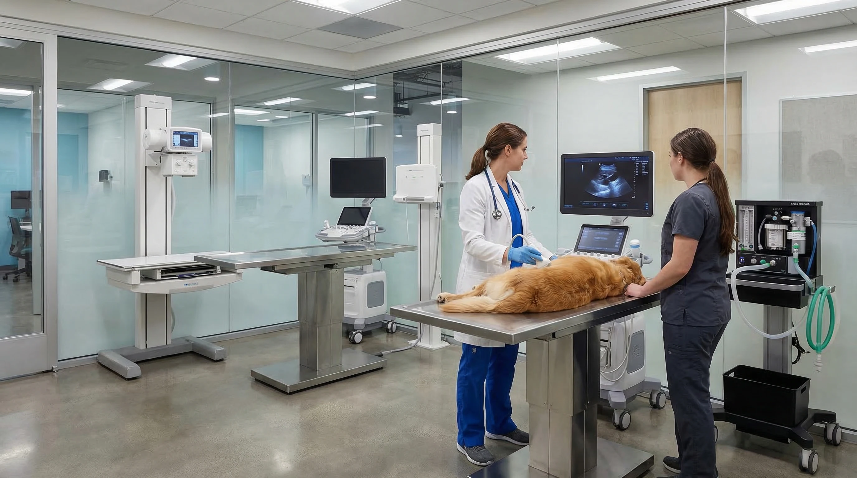 Veterinary clinic exam room with a clinician using an analyzer and digital microscope